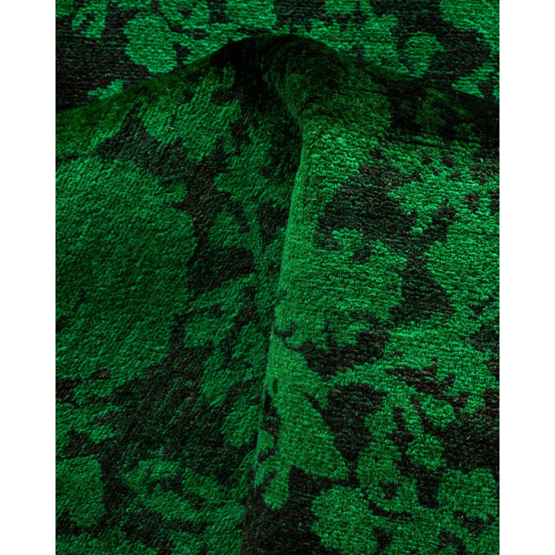 Hand-Knotted Green Wool Floral Motif Runner Area Rug