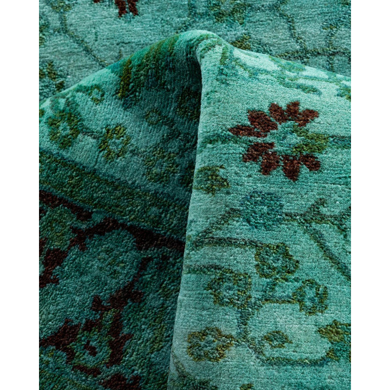 Hand-Knotted Blue and Green Wool Runner Rug 2'8" x 14'4"