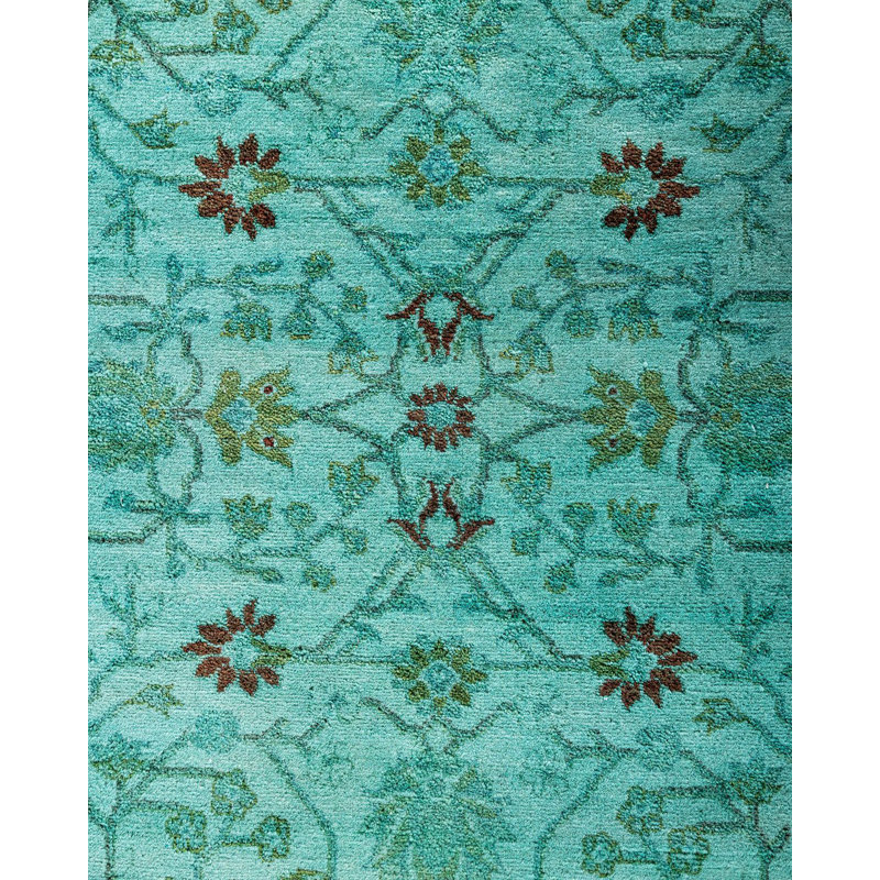 Hand-Knotted Blue and Green Wool Runner Rug 2'8" x 14'4"