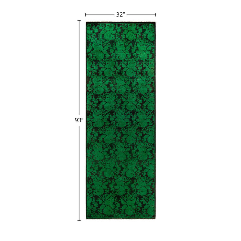 Hand-Knotted Green Wool Floral Motif Runner Area Rug