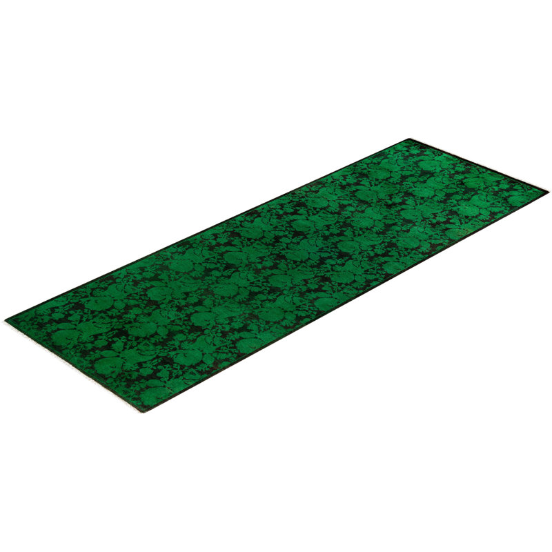 Hand-Knotted Green Wool Floral Motif Runner Area Rug