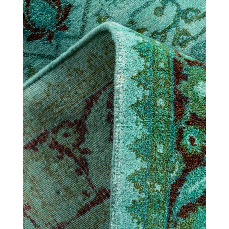 Hand-Knotted Blue and Green Wool Runner Rug 2'8" x 14'4"