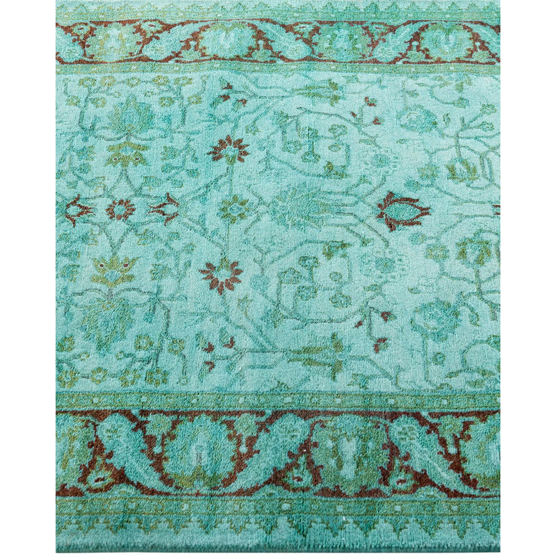 Hand-Knotted Blue and Green Wool Runner Rug 2'8" x 14'4"