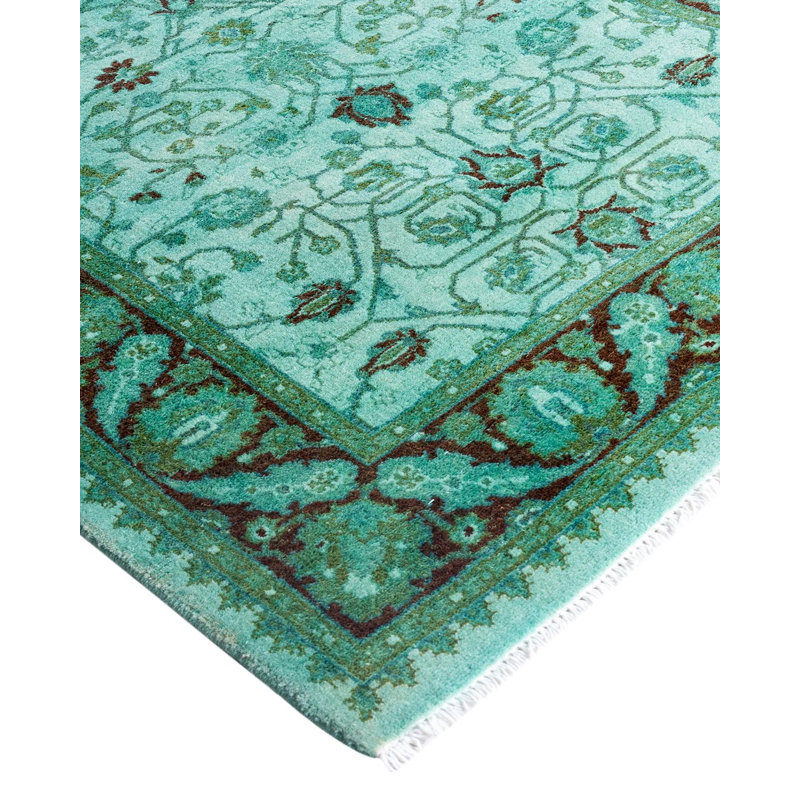 Hand-Knotted Blue and Green Wool Runner Rug 2'8" x 14'4"