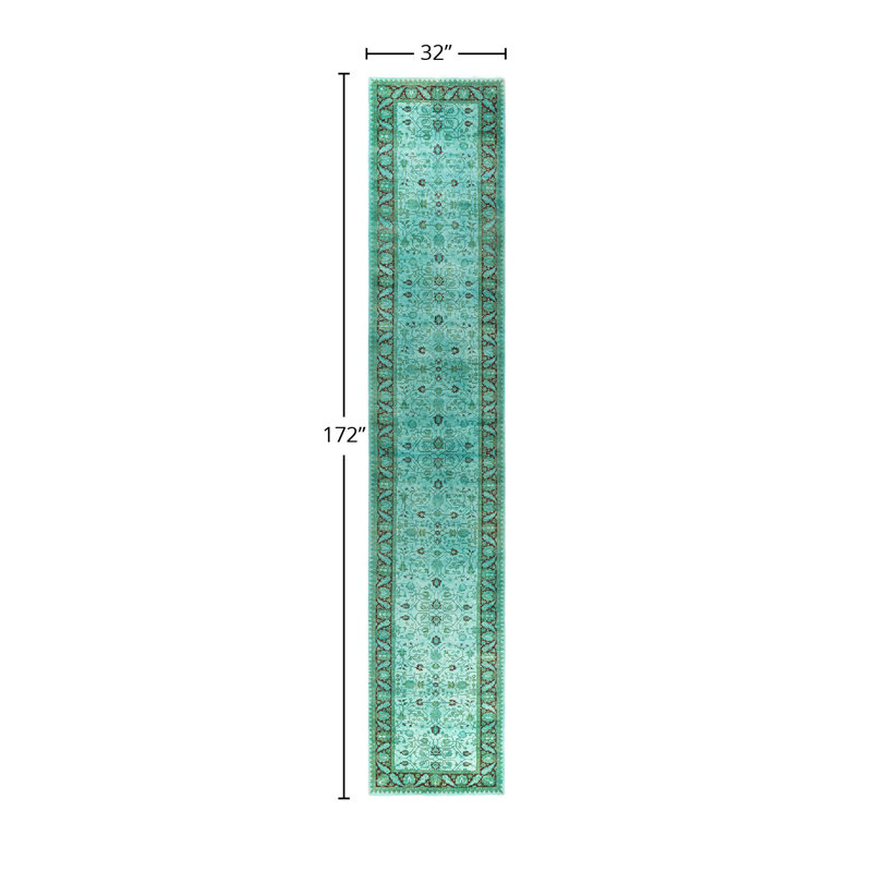 Hand-Knotted Blue and Green Wool Runner Rug 2'8" x 14'4"