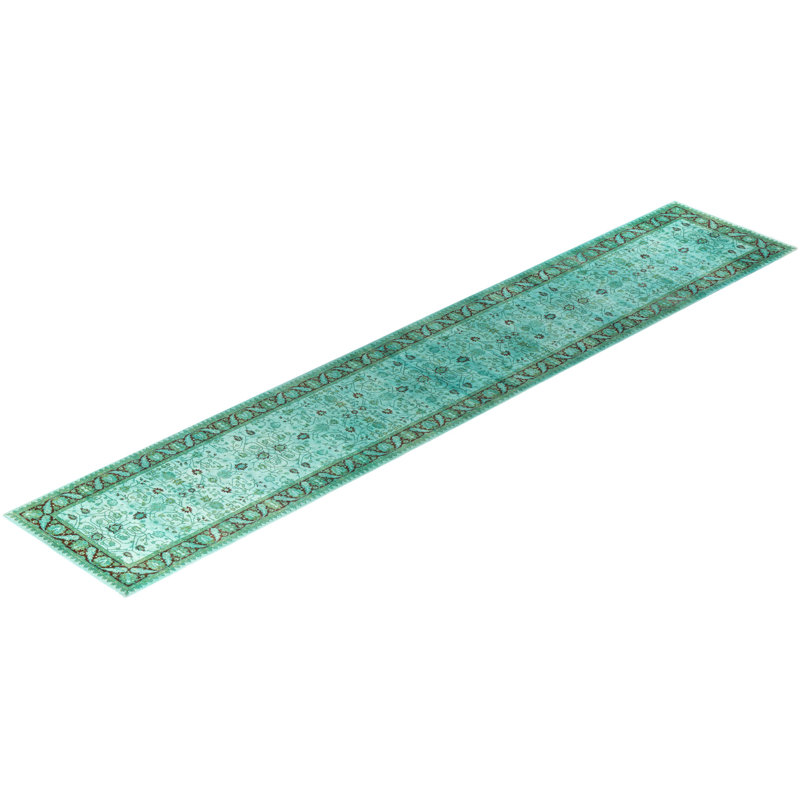 Hand-Knotted Blue and Green Wool Runner Rug 2'8" x 14'4"