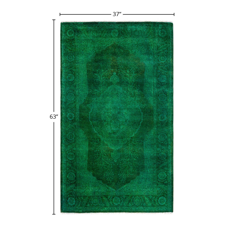 Hand-Knotted Green and Gray Wool Rectangular Area Rug