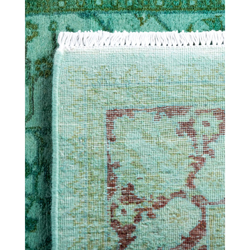 Hand-Knotted Blue and Green Wool Runner Rug 2'8" x 14'4"