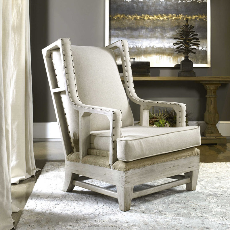 Schafer Soft Linen and Aged White Mahogany Armchair