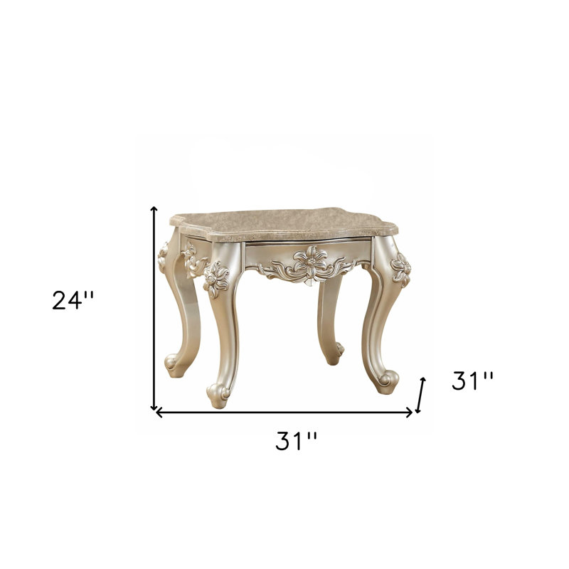 Silver Marble Top End Table with Floral Motif and Wood Legs