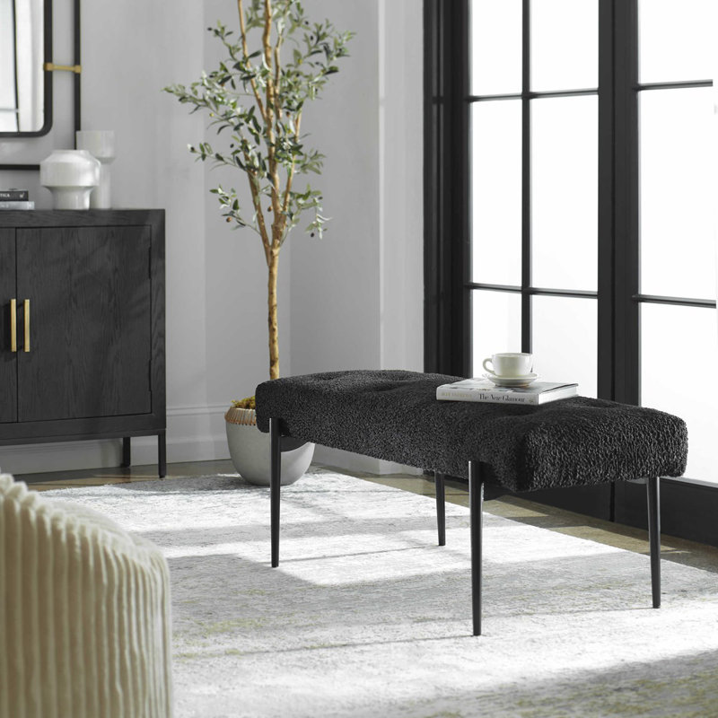 Modern Black Faux Shearling 50'' Tufted Bench with Satin Legs