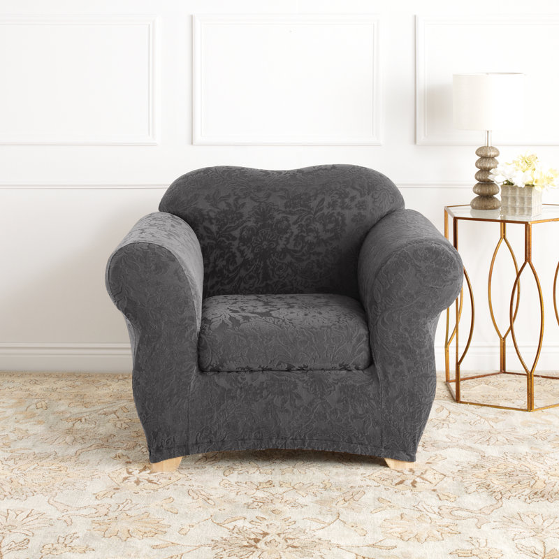 Regal Gray Stretch Jacquard Damask Armchair Slipcover