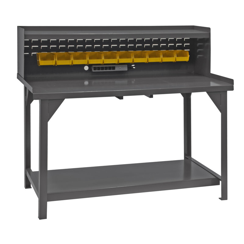 Durable Gray Steel Workbench with Electrical Outlets and Storage Bins, 72"W x 30"D