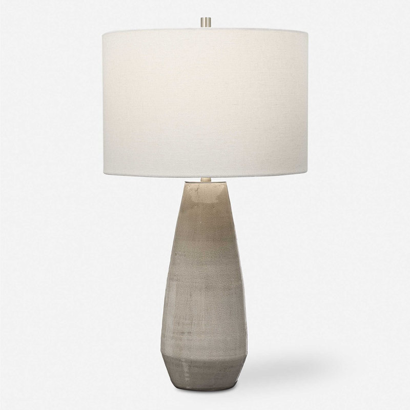 Osvaldo Mendoza Crackled Taupe-Gray Ceramic Table Lamp with White Linen Shade