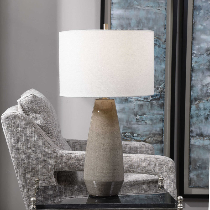 Osvaldo Mendoza Crackled Taupe-Gray Ceramic Table Lamp with White Linen Shade