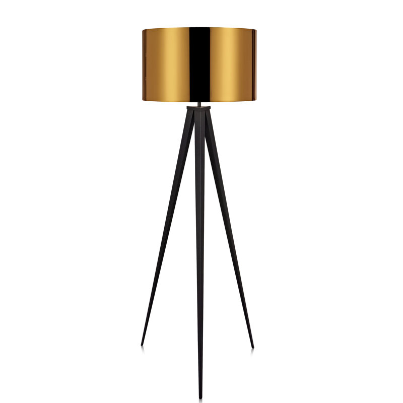 Elegant Black Tripod Outdoor Floor Lamp with Gold Drum Shade