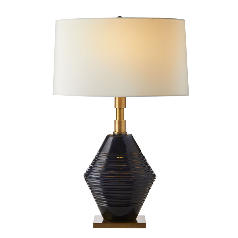 Navy Optic Glass Table Lamp with Brass Base and White Shade