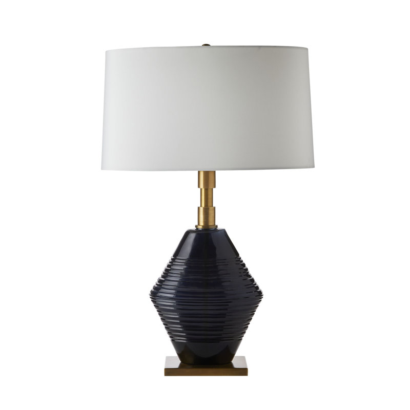 Navy Optic Glass Table Lamp with Brass Base and White Shade