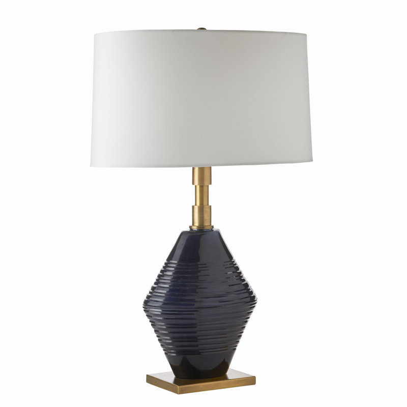 Navy Optic Glass Table Lamp with Brass Base and White Shade