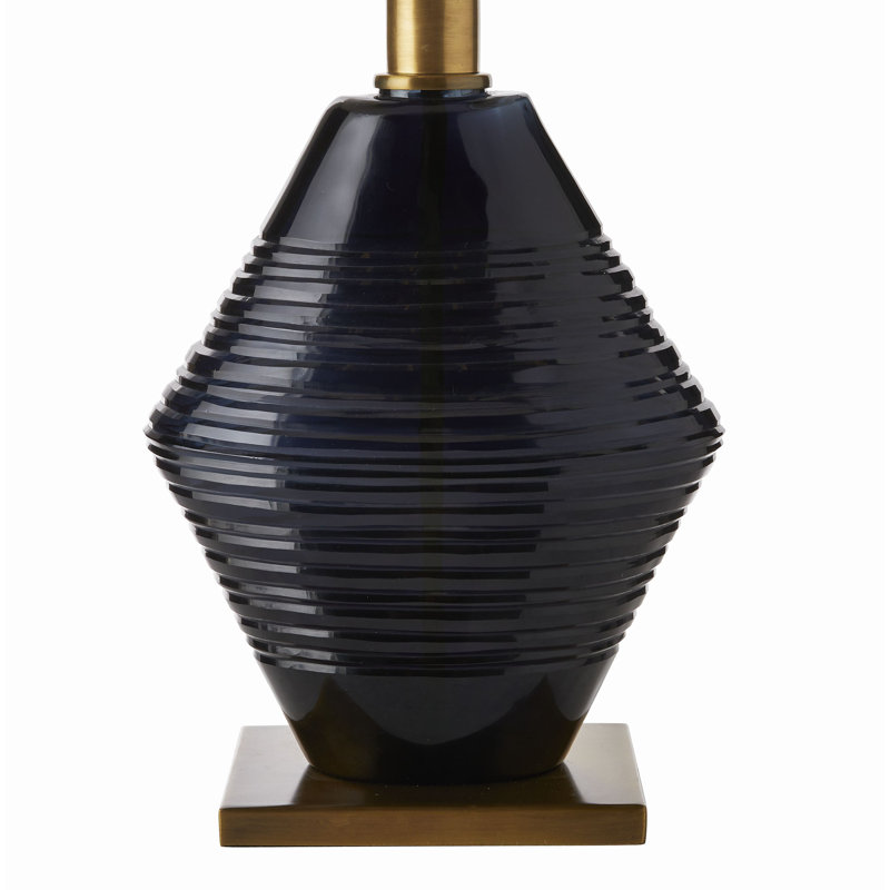Navy Optic Glass Table Lamp with Brass Base and White Shade