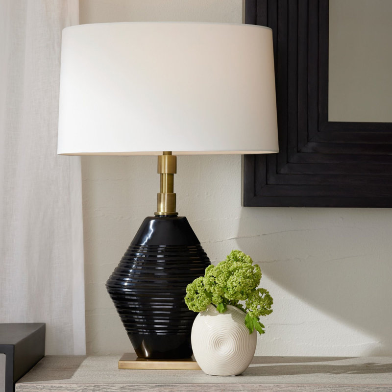 Navy Optic Glass Table Lamp with Brass Base and White Shade