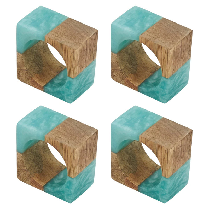Aqua and Wood Fusion Resin Napkin Rings Set of 4