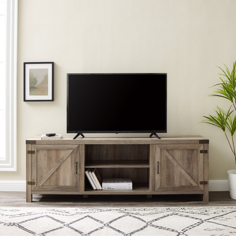 Gray Wash 70" Farmhouse Barn Door TV Stand with Shelves