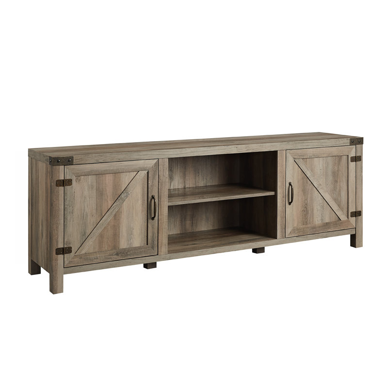 Gray Wash 70" Farmhouse Barn Door TV Stand with Shelves