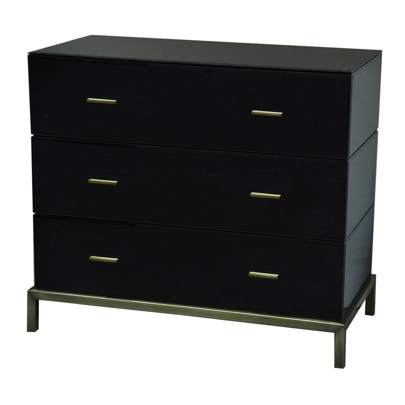 Mercury Black Glass 3-Drawer Chest with Antique Brass Pulls