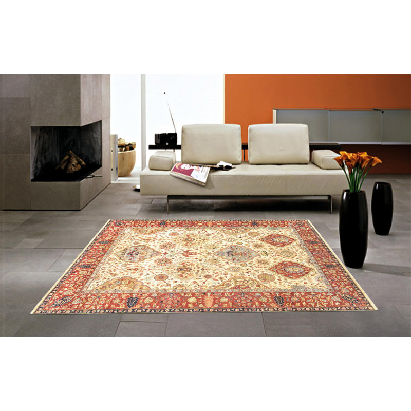 Elegant Ivory Wool 9' x 12' Hand-Knotted Rectangular Area Rug