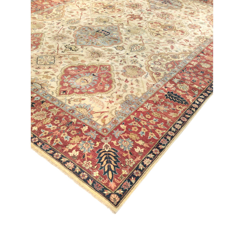 Elegant Ivory Wool 9' x 12' Hand-Knotted Rectangular Area Rug