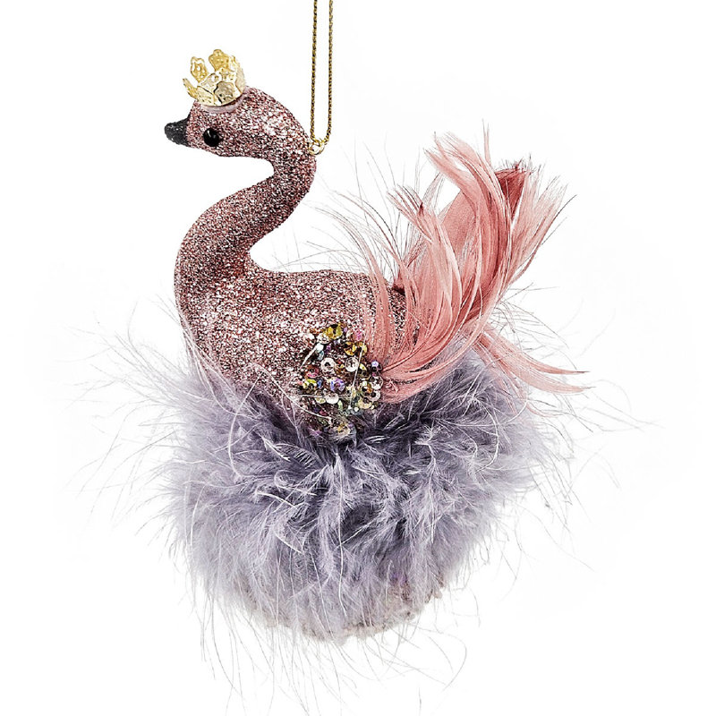 Set of 6 Pink and Blue Feathered Plastic Swan Ornaments