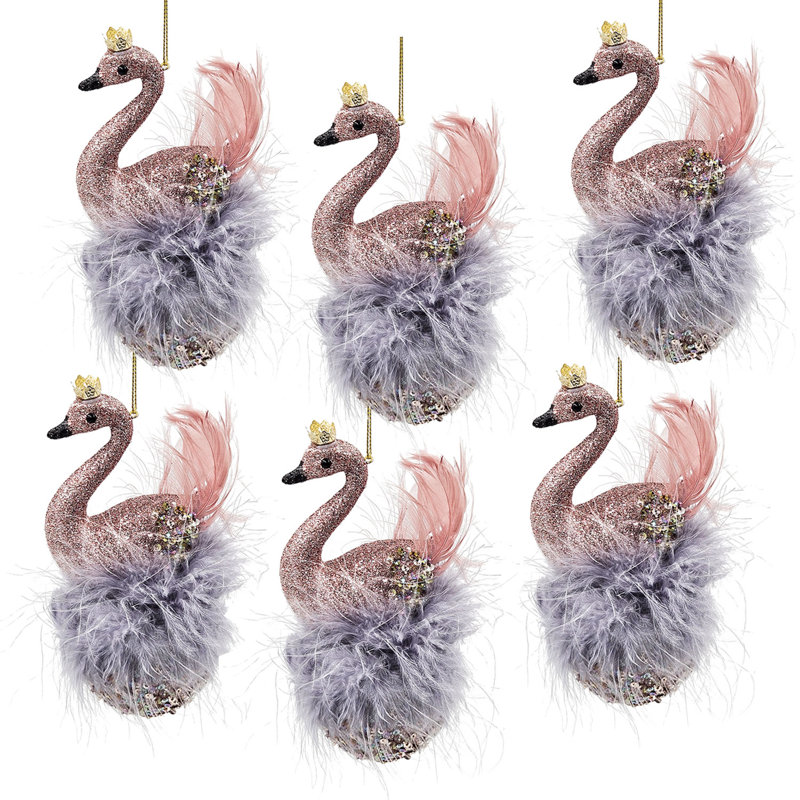 Set of 6 Pink and Blue Feathered Plastic Swan Ornaments