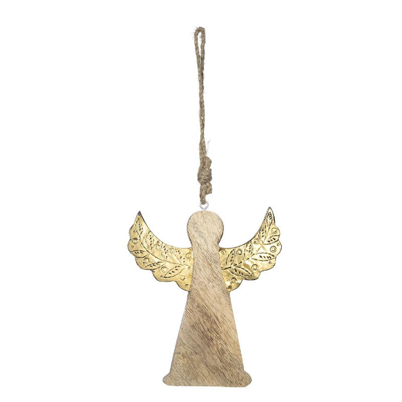 Set of 6 Wooden Angels with Gold Wings Hanging Ornaments