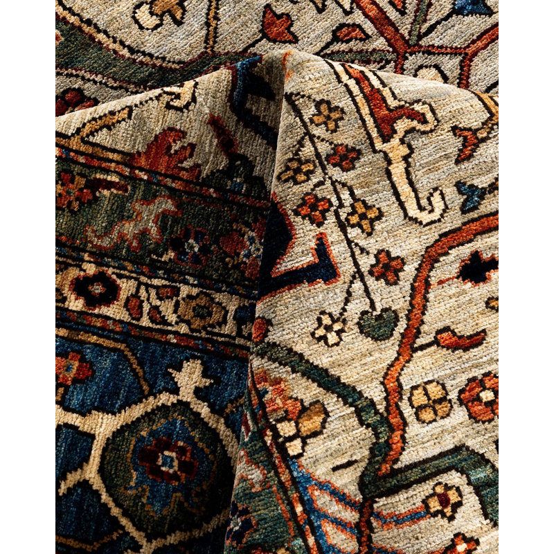 Serapi Light Gray and Blue Hand-Knotted Wool Area Rug