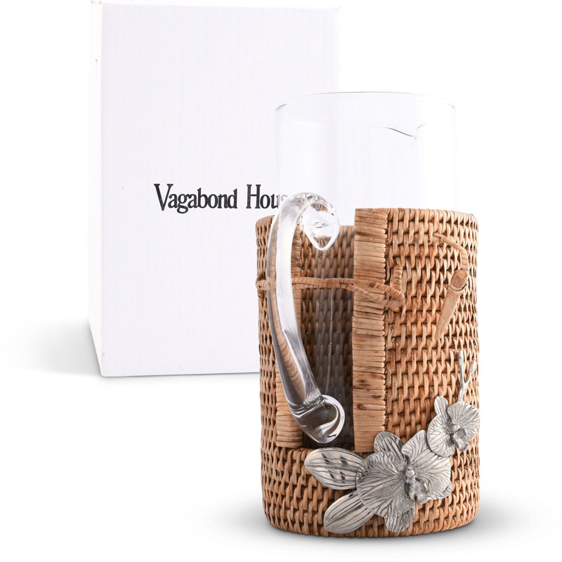 Orchid Glass Pitcher with Hand-Woven Rattan Holder