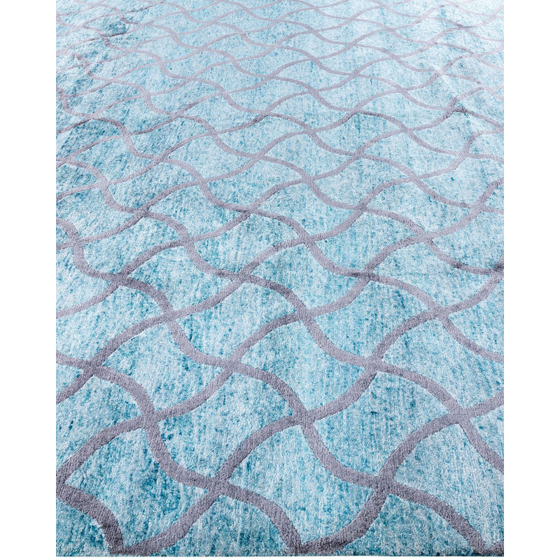 Green Hand-Knotted Silk Rectangular 9' x 12' Area Rug