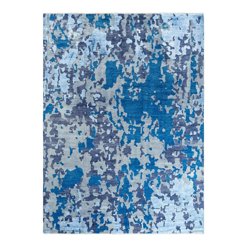 Modern Blue and Gray Hand-Knotted Wool Silk Area Rug