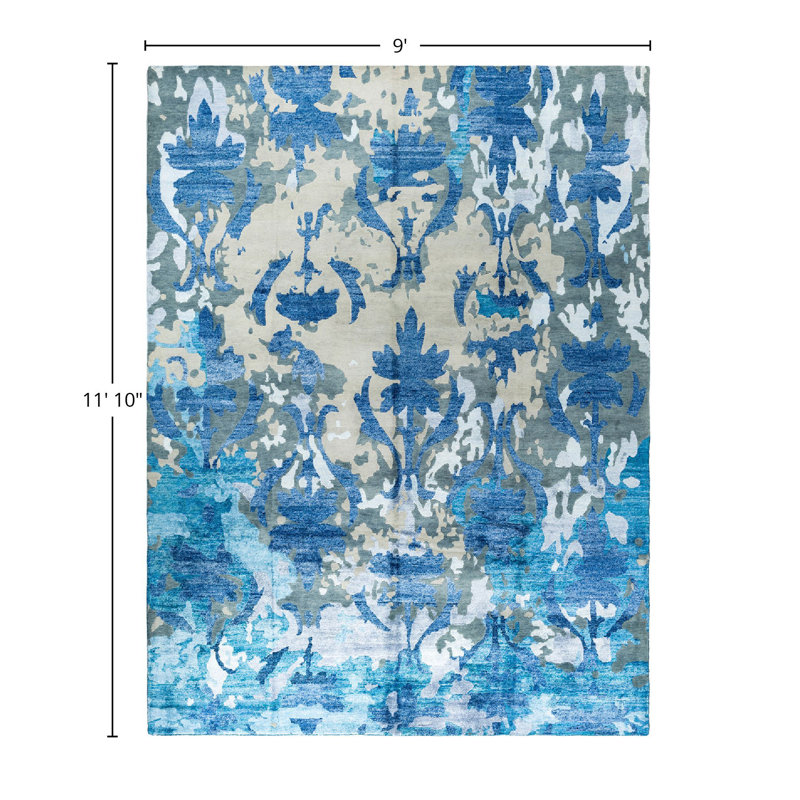 Gray and Blue Hand-Knotted Wool and Silk Rectangular Area Rug