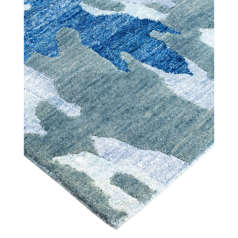 Gray and Blue Hand-Knotted Wool and Silk Rectangular Area Rug