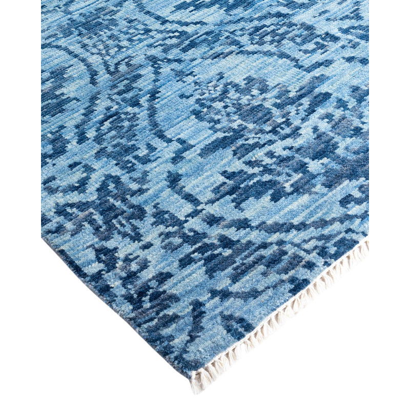 Handmade Blue Wool Rectangular Area Rug, 8' 1" x 10' 1"