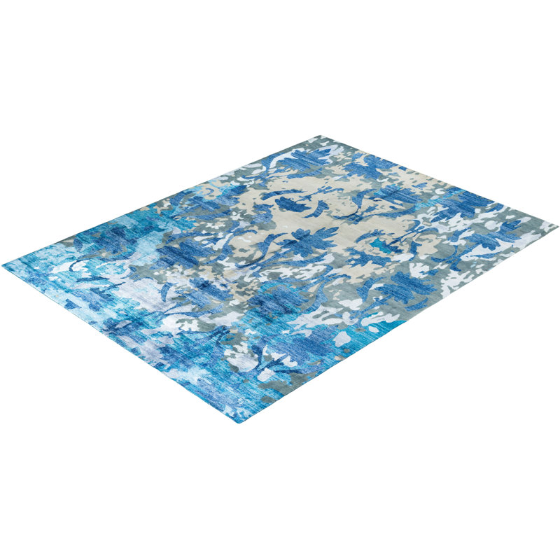 Gray and Blue Hand-Knotted Wool and Silk Rectangular Area Rug