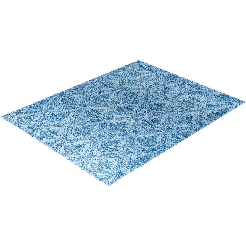 Handmade Blue Wool Rectangular Area Rug, 8' 1" x 10' 1"