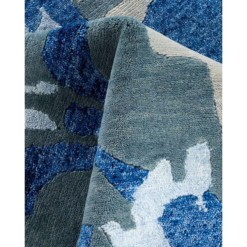 Gray and Blue Hand-Knotted Wool and Silk Rectangular Area Rug