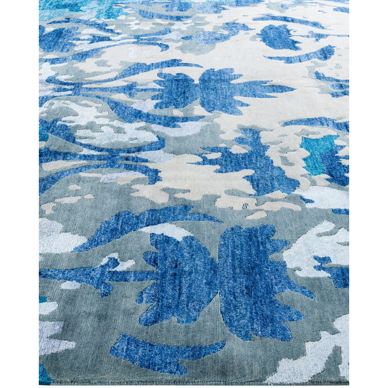 Gray and Blue Hand-Knotted Wool and Silk Rectangular Area Rug