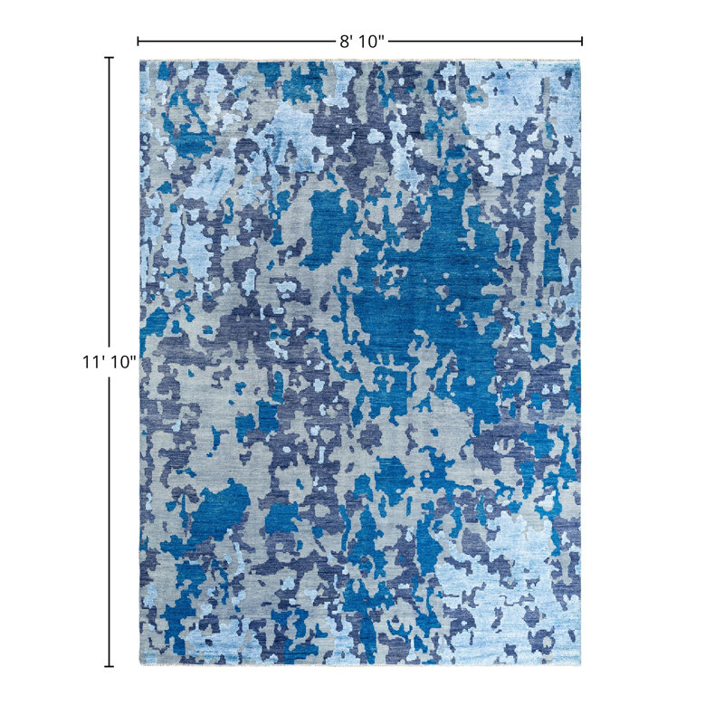 Modern Blue and Gray Hand-Knotted Wool Silk Area Rug