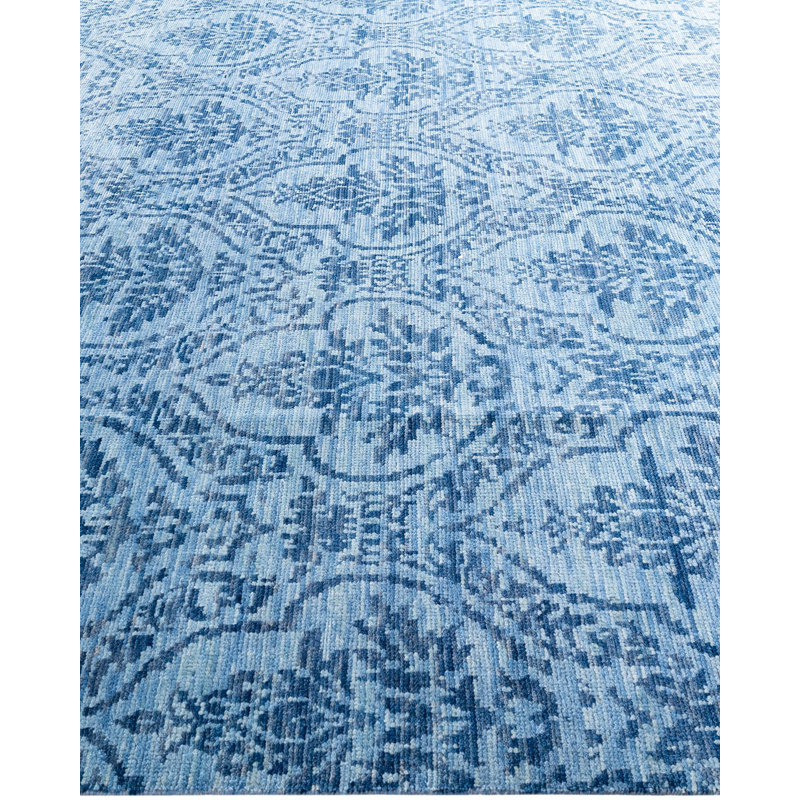 Handmade Blue Wool Rectangular Area Rug, 8' 1" x 10' 1"