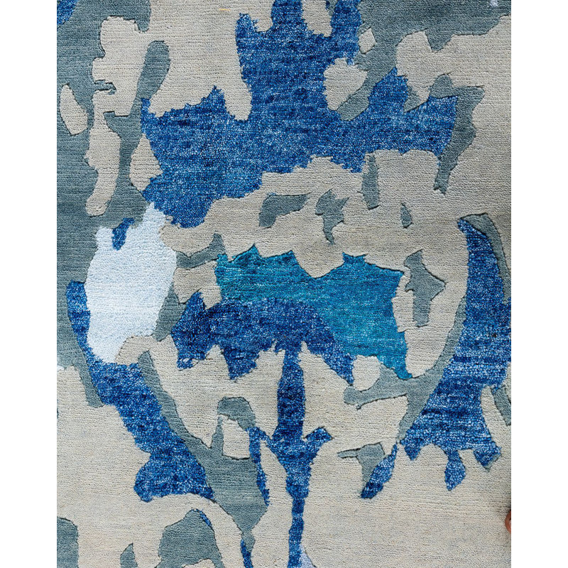 Gray and Blue Hand-Knotted Wool and Silk Rectangular Area Rug