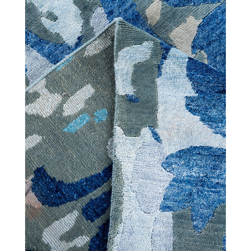 Gray and Blue Hand-Knotted Wool and Silk Rectangular Area Rug