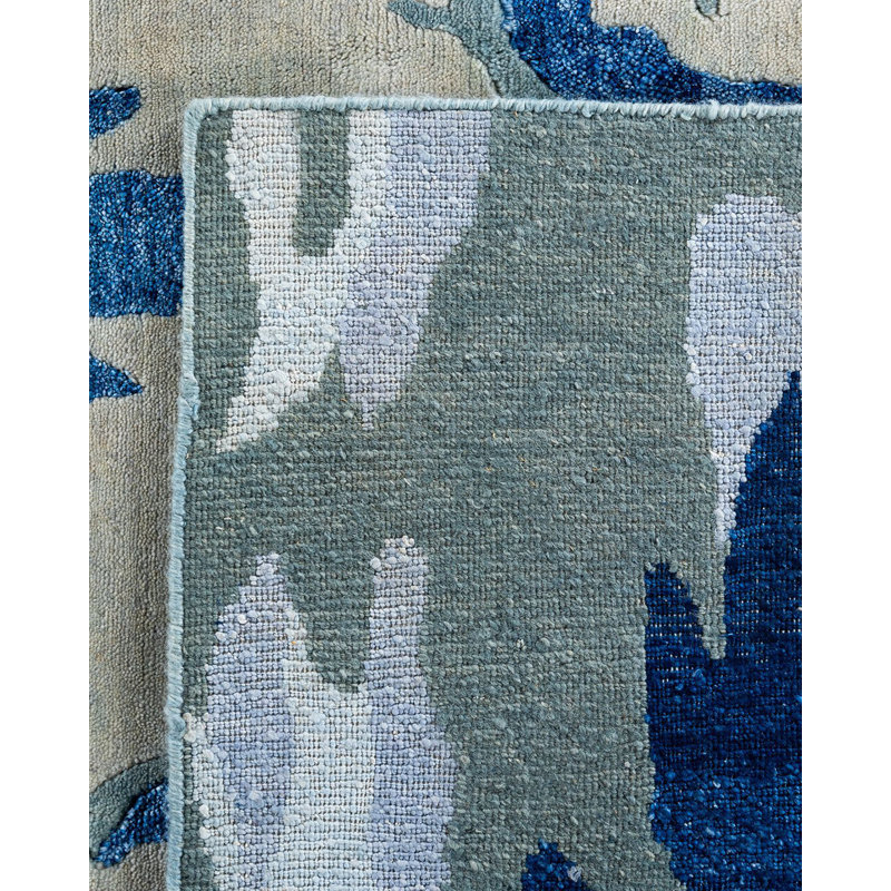 Gray and Blue Hand-Knotted Wool and Silk Rectangular Area Rug